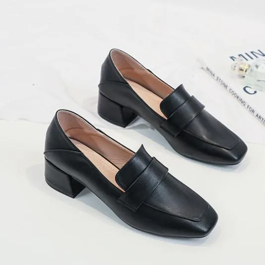 Womens's Square Toe Chunky Heel Loafers