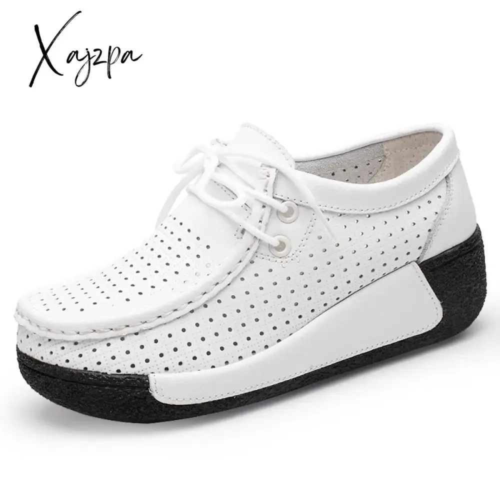 Xajzpa - Women Flat Platform Loafers Genuine Leather Comfortable Wedge Moccasins Shoes Women Soft White Sneakers Zapatos De Mujer