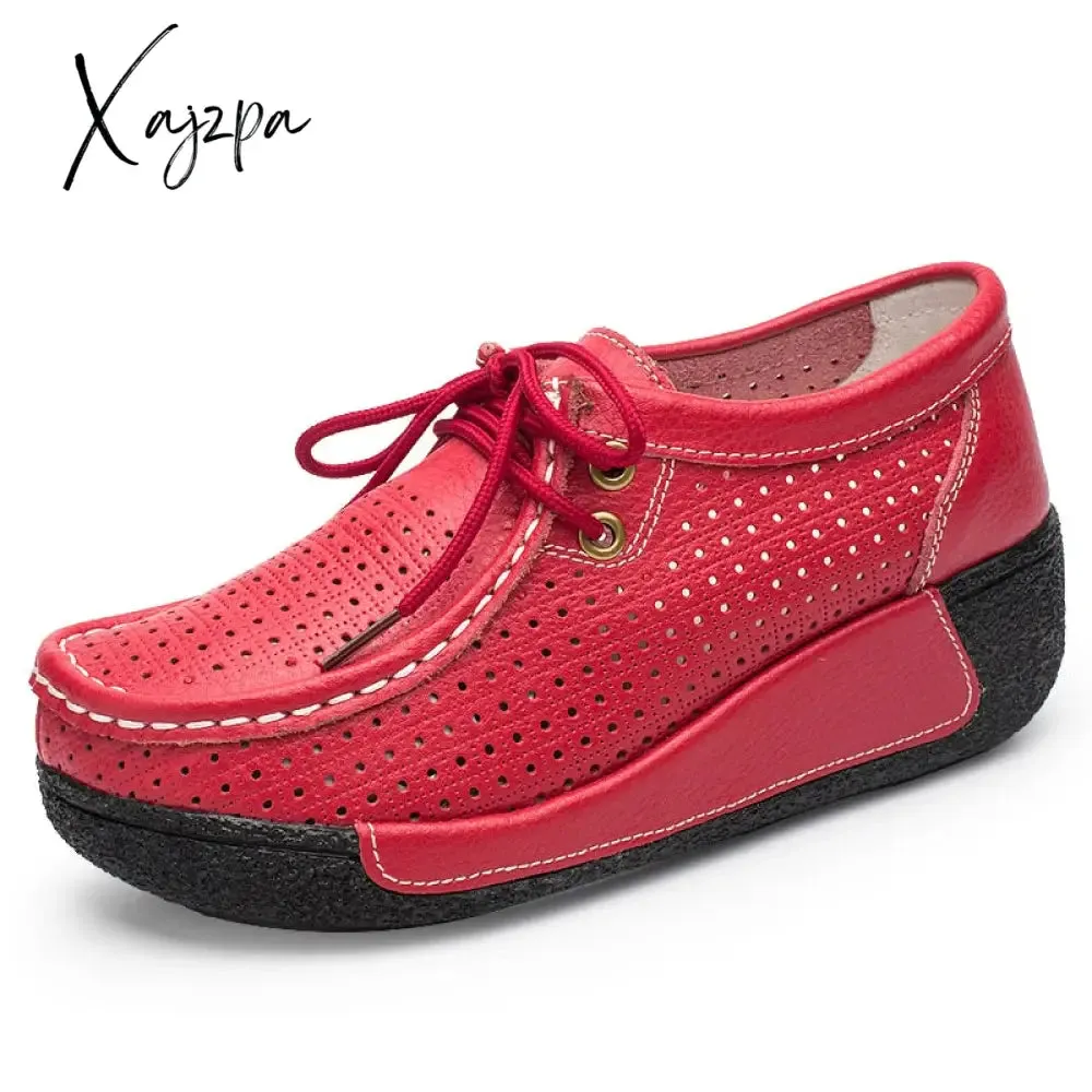 Xajzpa - Women Flat Platform Loafers Genuine Leather Comfortable Wedge Moccasins Shoes Women Soft White Sneakers Zapatos De Mujer