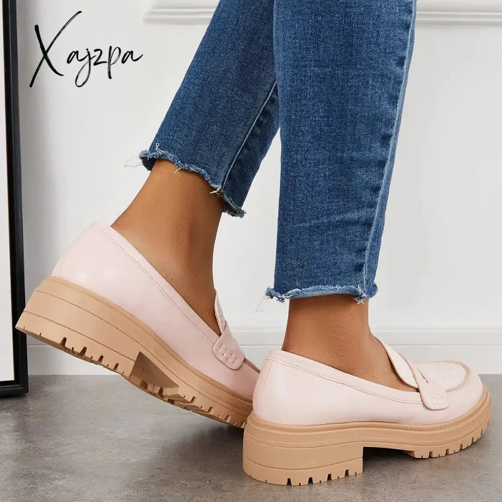 Xajzpa - Women Slip on Platform Loafers Round Toe Work Shoes