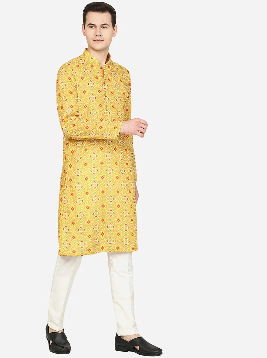 Yellow Printed Cotton Blend Kurta for Men