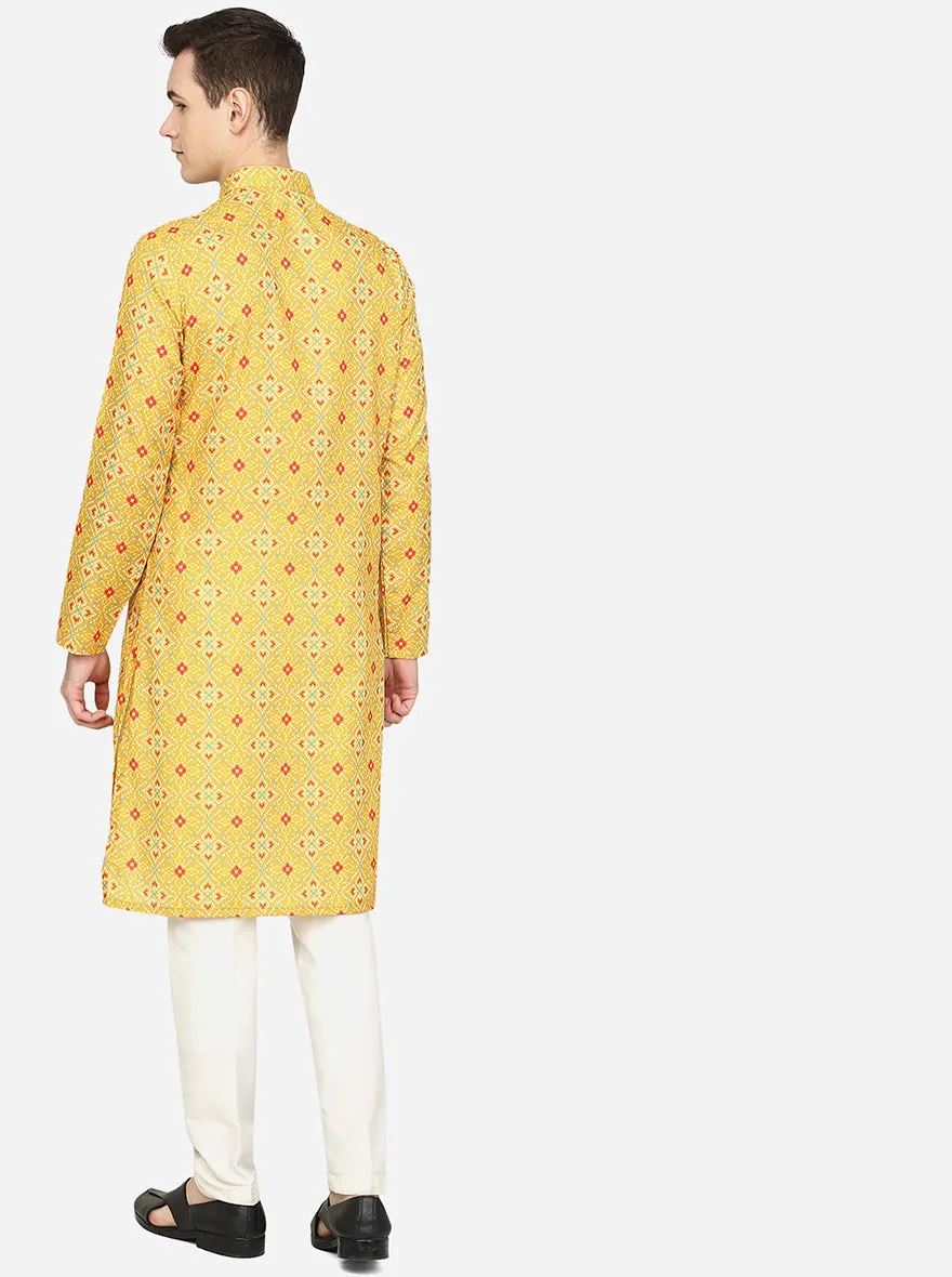 Yellow Printed Cotton Blend Kurta for Men