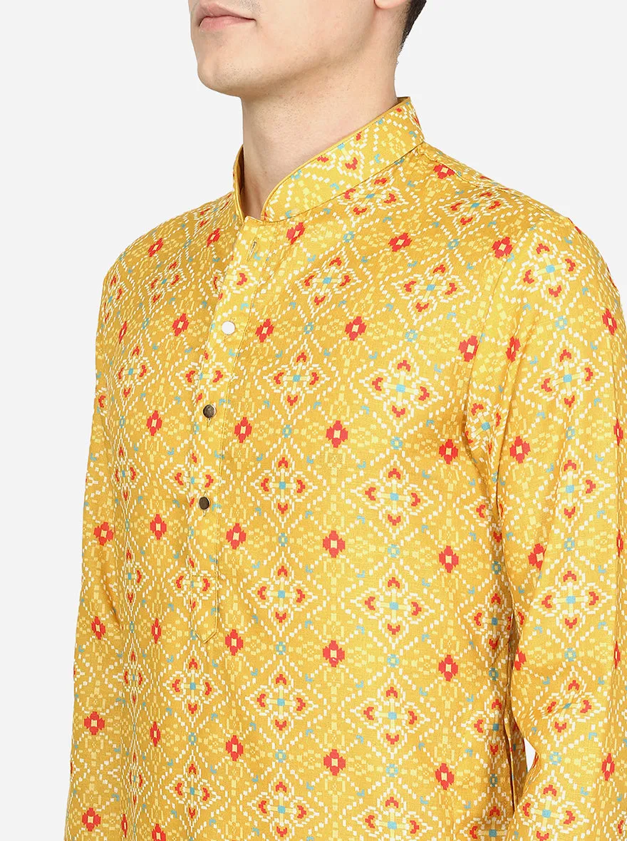 Yellow Printed Cotton Blend Kurta for Men