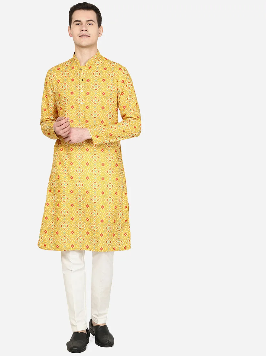 Yellow Printed Cotton Blend Kurta for Men