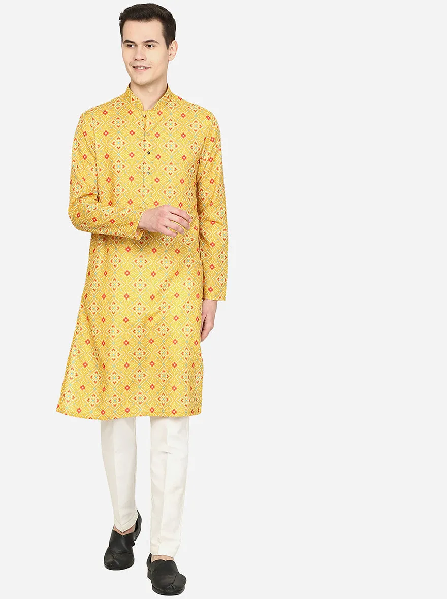 Yellow Printed Cotton Blend Kurta for Men